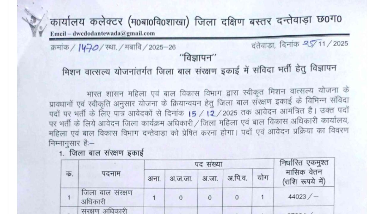 Zila Bal Suraksha Ikaee Dantevaada Bharti 2025